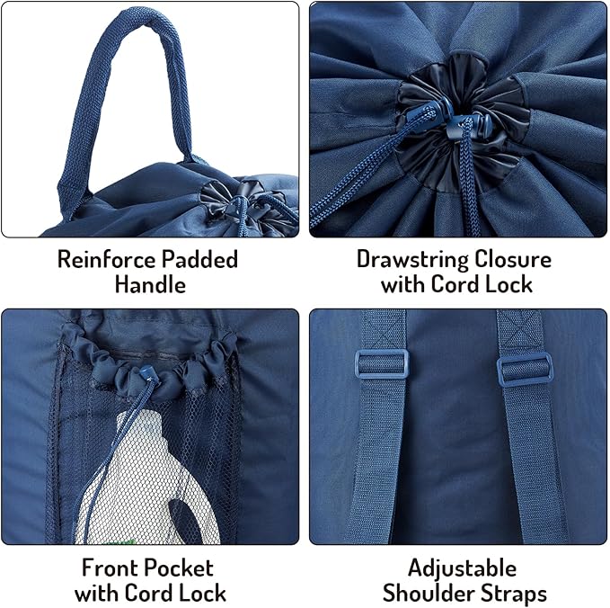 Seiritex Laundry Bag Backpack with Detergent Holder and Adjustable Shoulder Straps, Clothes Laundry Backpack for College, Travel, Apartment, Laundromat, Dorm Room (Blue)