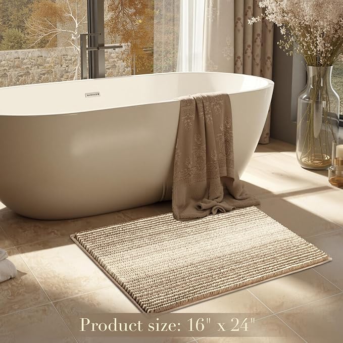 Bathroom Rugs, Bath Mat Rug for Bathroom Non Slip 20 x 32 Inches Water Absorbent Chenille Shower Floor Mats Machine Washable (Tan)