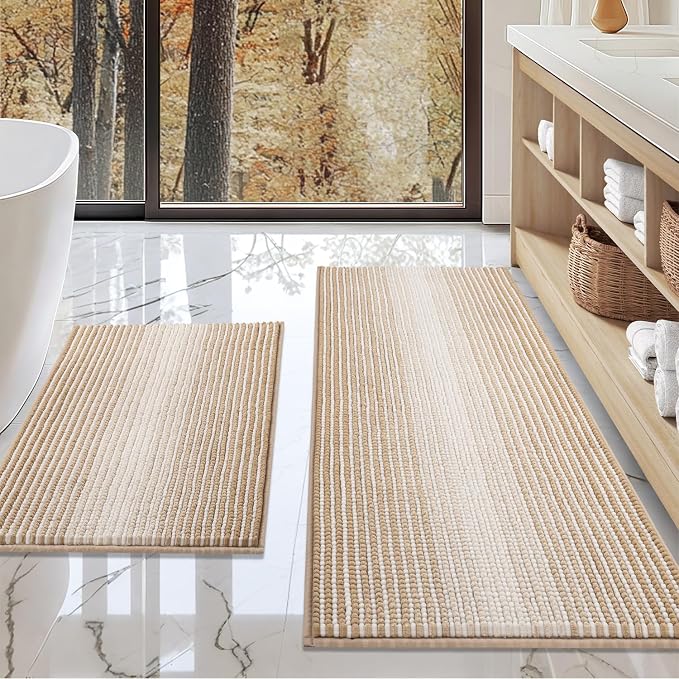 Bathroom Rugs and Mats Sets, 2 Piece Thick Absorbent Chenille Bath Mat Rug Set Non Slip, Soft Shaggy Bath Room Floor Mats for Bathroom, Machine Washable (Beige, 20" x 47" Plus 20" x 32")