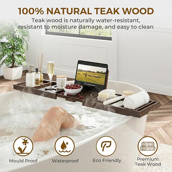 Teak Bathtub Tray Caddy, Foldable Bath Tray with Expandable Handles, Wine Glass and Phone Holders, Book Stand, for Home Spa Relaxation, Luxury Bathroom Accessories - Dark Walnut Color