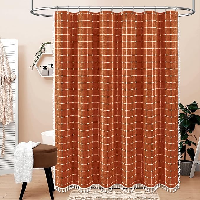 Burnt Orange Boho Farmhouse Linen Heavy Duty Shower Curtain Set, 72x72 | 330GSM Linen Blend, Classic Plaid, 3-side Tassels, Water Repellent Fabric, 12 Plastic Hook, Rustic Bohemian, Machine Washable