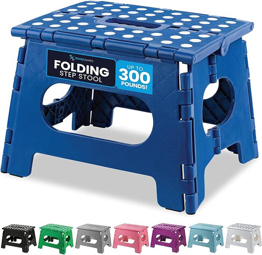 Handy Laundry Folding Step Stool 9 Inch, Blue, Non-Slip Holds 300 lbs | 9 Inch, Blue, Foldable Collapsible Step Stool, Non-Slip, Holds 300 lbs, Kitchen Bathroom Bedroom, Adults