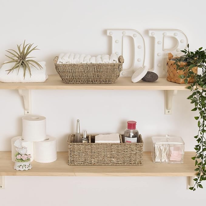 StorageWorks Wicker Toilet Basket Tank Topper, Seagrass Storage Baskets | Wicker Basket, Toilet Paper Storage for Back of Toilet Tank, Woven Baskets for Shelves, Wicker Baskets with 3 Compartments