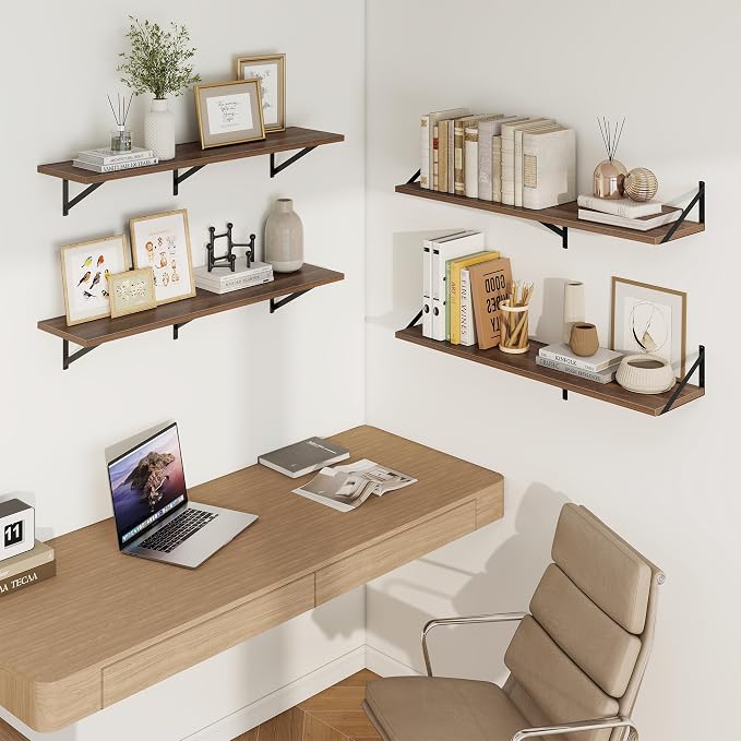 Deep Floating Shelves, 40'' x 10'' Walnut Wall Shelves Set of 2 | 10 Inch Deep Shelves with Heavy Duty Brackets, Rustic Wood Shelves for Bathroom Living Room, Engineered Wood, 40LBS