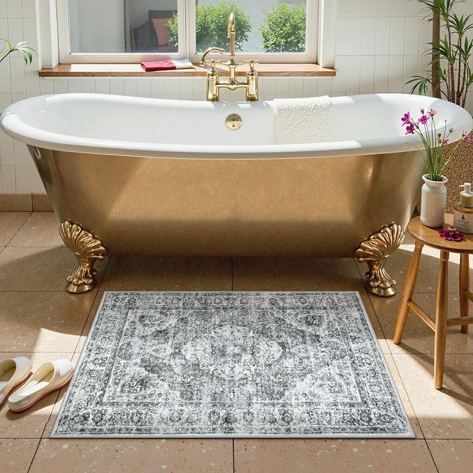 Uphome Boho Bathroom Rugs, Distressed Farmhouse Gray Bath Mat, Comfy Velvet Small Bath Rugs Non Slip Washable, Vintage Oriental Toilet Rug for Sink Shower Vanity, 20x32 inch