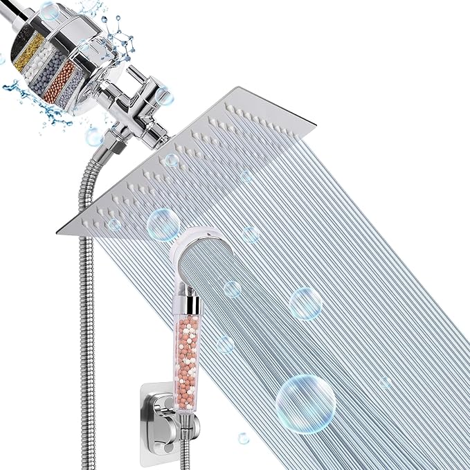 Filter Shower Head, High Pressure 8 Inch Rainfull with Filter Combo for Hard Water, Remove Chlorine Fluoride and Harmful Substances- 1 Replaceable Filter Cartridge (Square, Chrome)