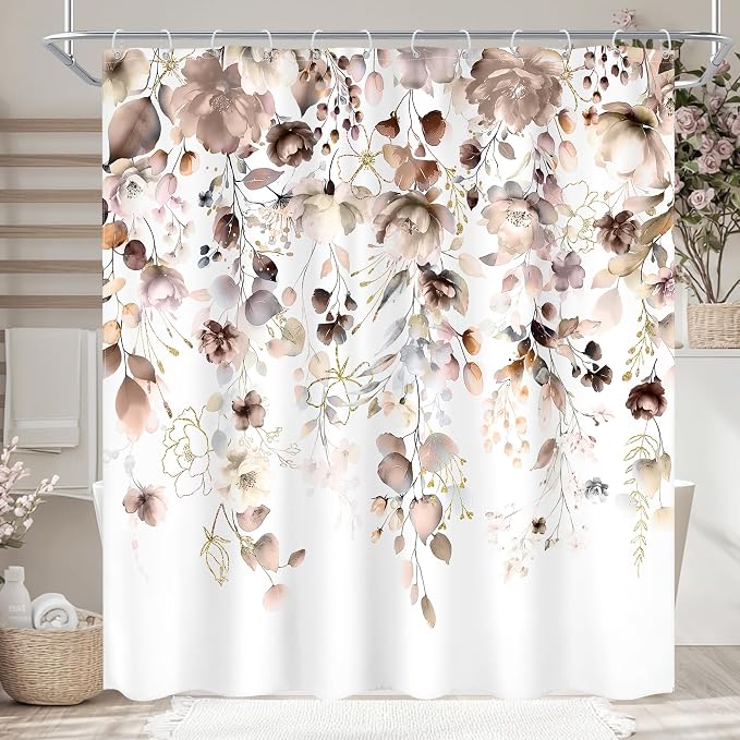 Brown Floral Autumn Fall Tan Watercolor Bathroom Shower Curtain Set | 72"W x 72"L Flower Eucalyptus style, clear shower print, fast-dry fabric and hooks for a simple bath update.