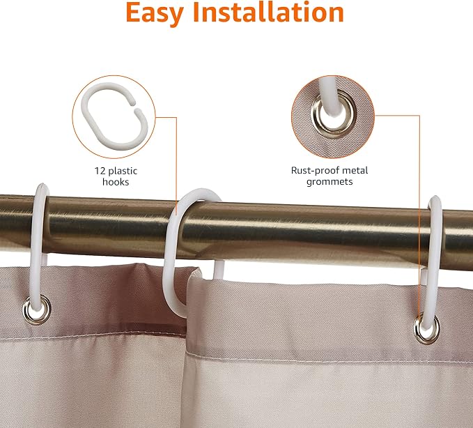 Amazon Basics Bathroom Shower Curtain, Water Resistant Fabric with Rust Proof Grommets & Hooks, Weighted Hem, Machine Washable, 72"x72", Light Brown, Beige