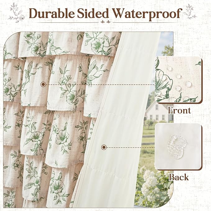 Yinhua Long Farmhouse Ruffle Shower Curtains with Green Floral, 72" Wx78 L | French Country Vintage Rustic Washable Waterproof Shower Curtain for Bathroom Bathtub, 12 Metal Hooks
