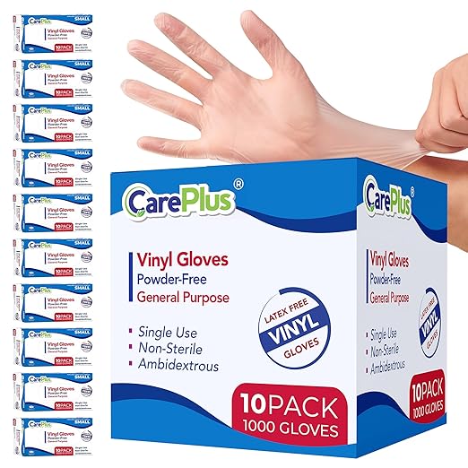 CARE PLUS Vinyl Gloves Clear Small, Disposable Latex Free, 1000 Count | Powder free exam grade protection for food service, salons & housekeeping; ambidextrous, tear resistant, comfortable fit