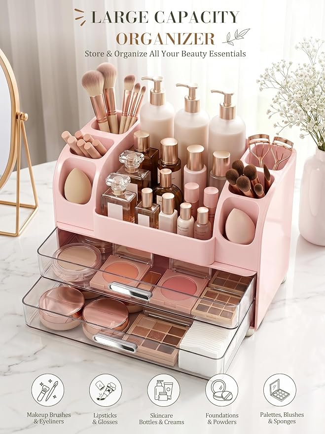 Large Makeup Organizer Countertop for Vanity Skincare Organizers | Waterproof Perfumes Organizers with 2 Drawers and Brushes Holders, Cosmetic Storage for Lipsticks,Eyeshadow Palettes, Pink