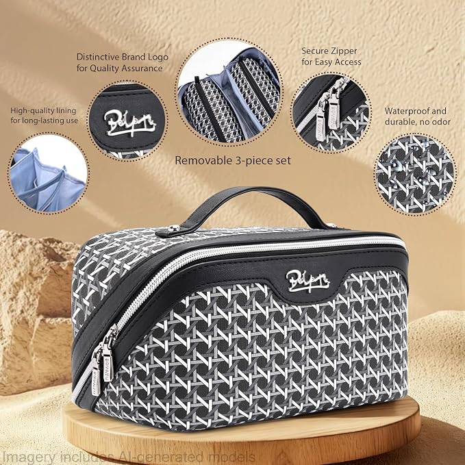 BOYATU Travel Makeup Bag Cosmetic Bags for Women: 3 Pcs Set Make up Bag | Large Capacity Waterproof Vegan Leather Organizer Bags with Compartments - Lay flat Toiletry with Handle (M-76Black)