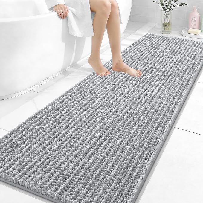 OLANLY Bathroom Runner Rugs 70x24, Thick Soft Absorbent Chenille Bath Rugs | Light Grey, Quick-Drying Rubber Backing, Long Shaggy Bath Mat, Washable for Floor, Tub and Shower, Home Decor Accessories