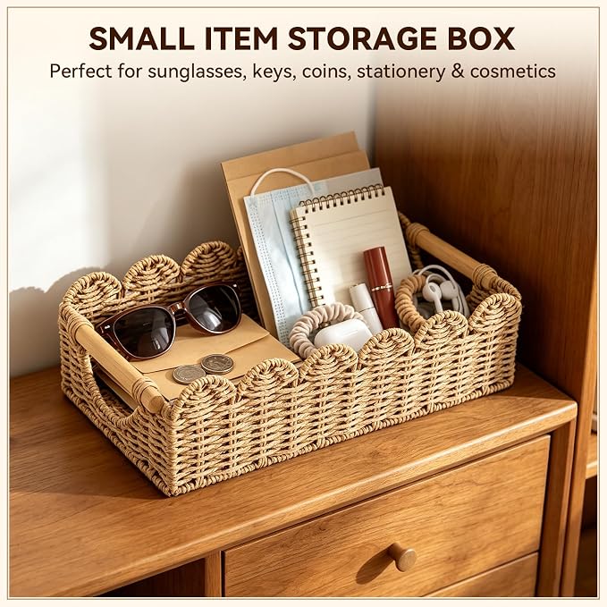 Upgraded Bathroom Basket Organizer w/Cut Out Handle, Back of Toilet Paper Storage Baskets Tray for Bathroom Countertop Decorative, Scalloped Wicker Basket Also for Home Decor, Living Room (Black)