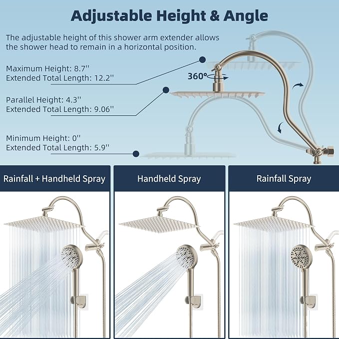 Hibbent 12'' All Metal CUPC Certified Shower Head, High Pressure Rainfall Shower Head, Handheld Showerhead Combo, 12'' Adjustable Extension Arm, 10-Spray, 71'' Hose, Showerhead Holder, Brushed Nickel