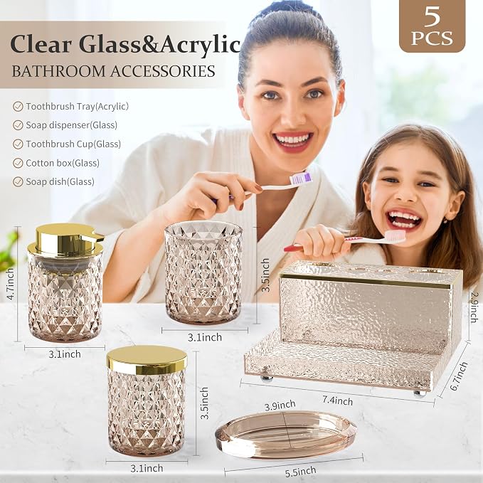 Glass Bathroom Accessories Set 5Pcs Crystal Brown - Foaming Soap Dispenser, Soap Dish, Cup, Acrylic Toothbrush Holder with Tray Organizer, Cotton Swab Jar, Bathroom Counter Set Sink Decor