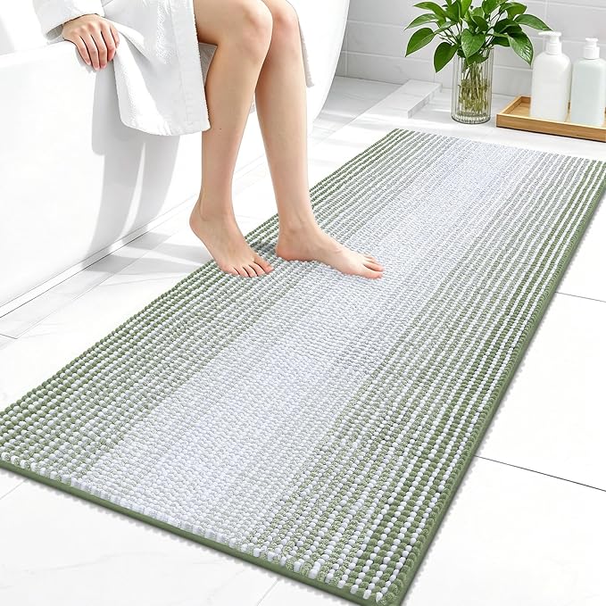 OLANLY Bathroom Runner Rugs 44x24, Chenille Striped Bath Rugs, Sage Green | Extra Soft Absorbent, Rubber Backing, Machine Wash Dry, Bath Mats for Bathroom Floor, Tub and Shower, Home Decor Accessories