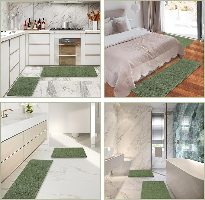 Loden Green Bathroom Rugs Sets 2 Piece – Absorbent and Washable Bath Mat, Non-Slip, Thick Soft Chenille Bath Rugs for Bathroom Floor, Shower, Sink - 17" x 24"+20" x 32"