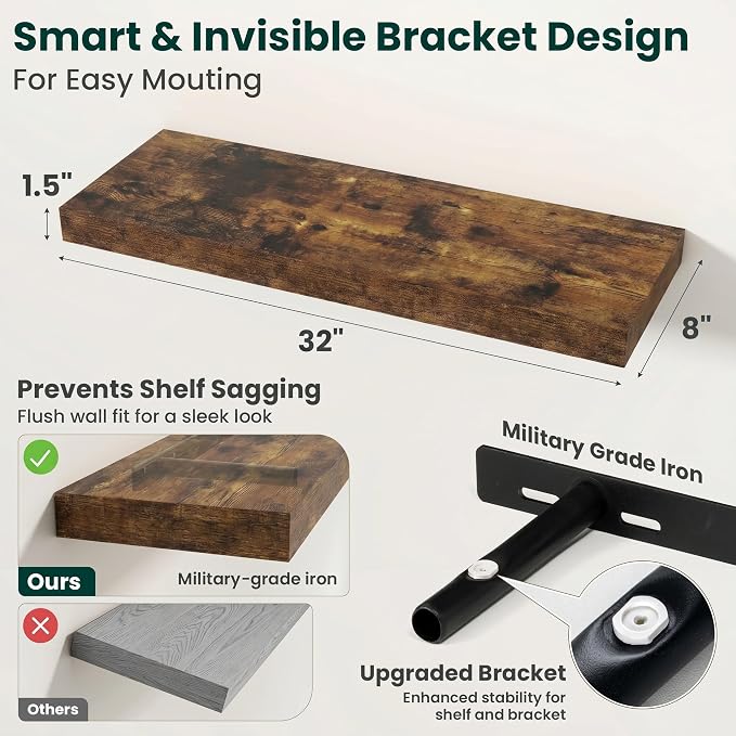 Floating Shelves for Wall, 32 Inch x 8 Inch Deep Wall Mounted Wood Shelf with Invisible Brackets for Storage & Display, Living Room Bedroom Kitchen, Rustic Brown, Set of 2