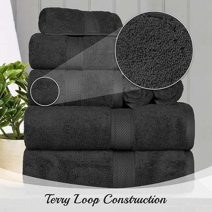 Superior Egyptian Cotton Ultra Plush & Absorbent, 10 Piece Set, Black | Quick Dry, Soft Luxury Towel Set, Bath Essentials, Guest Bath, Spa, 2 Bath, 4 Hand, 4 Face Towels, Madeline Towels