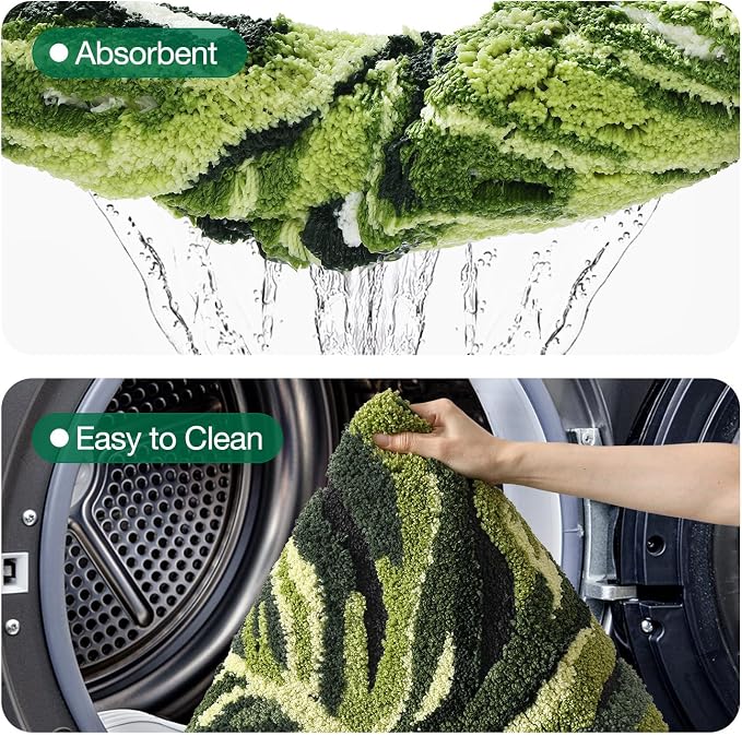 LUMI Cute Bathroom Rug Green Leaf, Absorbent Non Slip Bath Mat, 32"x48" | Dark Monstera Plant, Soft Plush Microfiber, Quick Dry, Washable for Shower Floor, Sink Bathtub, Bedroom, Kids Room