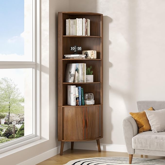 66'' Tall Corner Bookshelf with 2 Fluted Sliding Doors,Walnut | 5-Tier Corner Shelf, 5 Shelf Bookcase,Mid-Century Modern,Freestanding Display Storage Organizer for Living Room,Office