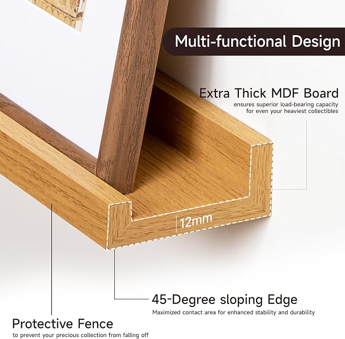 Floating Picture Ledge Shelves Set of 2, 16 Inch Solid Wood Wall Shelves with Lip, Large Nursery Book Shelf for Toys Storage, Kids Bookshelf, Living Room, Bedroom Decor Frames, Natural Oak