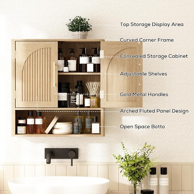 RUSTOWN Fluted Bathroom Wall Cabinet with Arched Doors & Rounded Edges | Over The Toilet Storage Cabinet with Adjustable Shelf, Mid Century Modern Medicine Cabinets, Laundry & Kitchen Shelving Unit