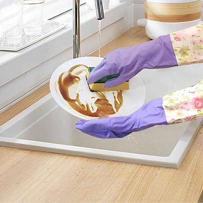 KINGFINGER Dishwashing Cleaning Gloves, 2 Pairs Reusable Rubber Gloves PVC Latex-Free Waterproof Long Cuff and Flock Lining Household Cleaning Gloves for Women