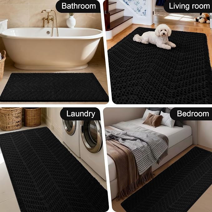 Upgraded Waffle Bath Mat Set 3 Piece Black-Herringbone, Super Absorbent Non-Slip Quick Dry Bathroom Rugs with Tassels, Machine Washable Ultra Soft Boho Bath Rugs, Toilet Mats Boho Farmhouse Decor