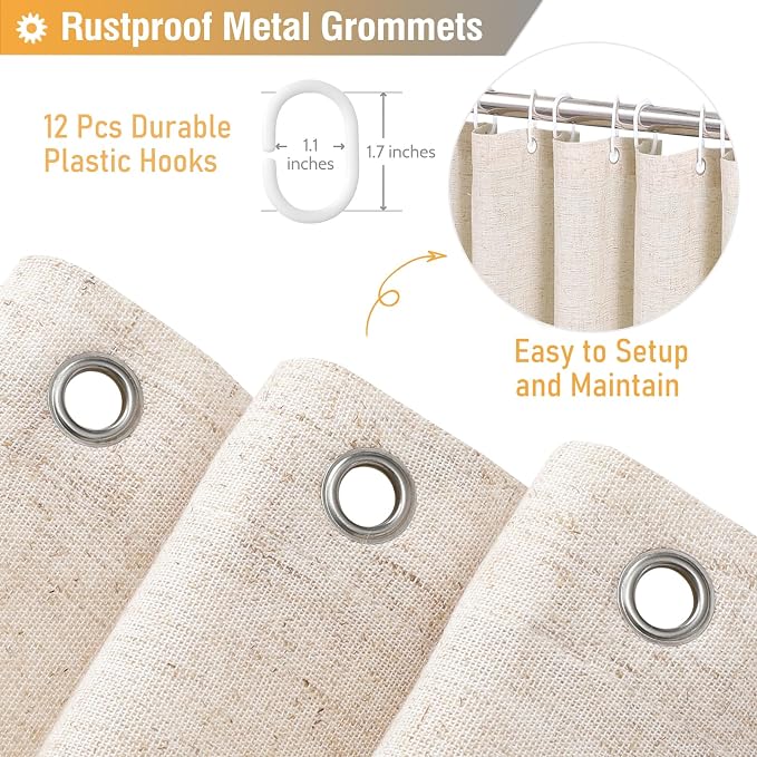Linen Ruffle Modern Farmhouse Cloth Shower Curtain, 72x72, Beige/Cream | Ruffle Hem, Heavy Duty Fabric, 12 Hooks, Elegant Drape, Shabby Chic Style, Bathroom Decor, Machine Washable, Easy To Install