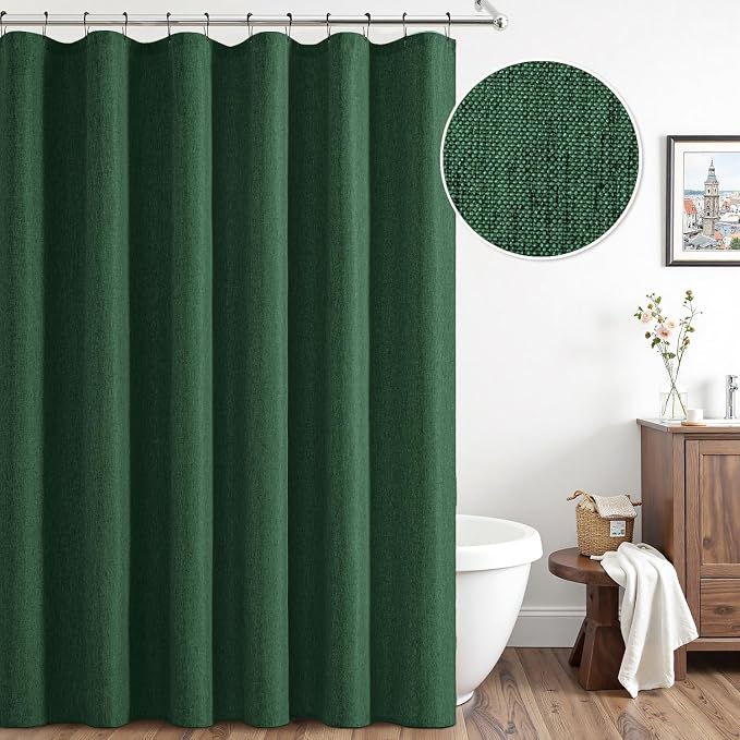 ANRODUO Dark Green Linen Textured Fabric Shower Curtain Set - W72xL84 | Farmhouse Shower Curtain with 12 Metal Hooks, Waterproof Heavy Duty, Button Hole Design, Machine Washable for Bathroom