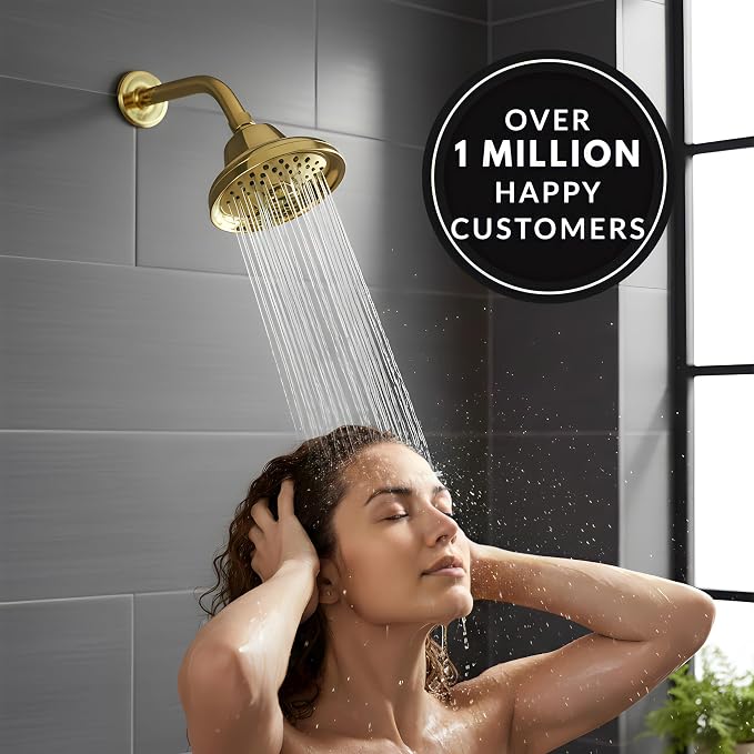 Massage Shower Head With Mist - 1.8 GPM - Polished Brass | High Pressure Boosting, 6 Function Adjustable Massaging Rainfall Showerhead For Low Flow Baths With Water Saving Nozzles