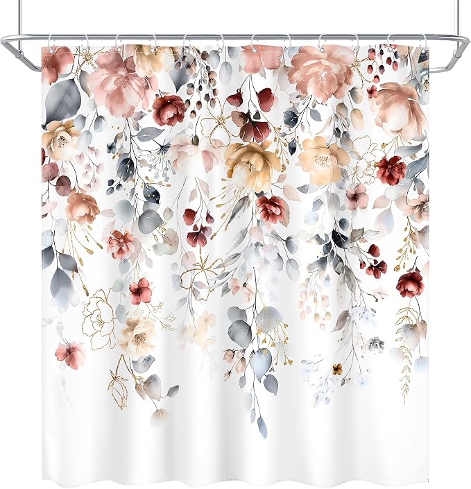 Floral Coral Pink Colorful Blue Eucalyptus Bathroom Shower Curtain Set | 72"W x 72"L Flower Leaves design with waterproof HD artwork, quick-dry fabric and hooks for easy hanging.