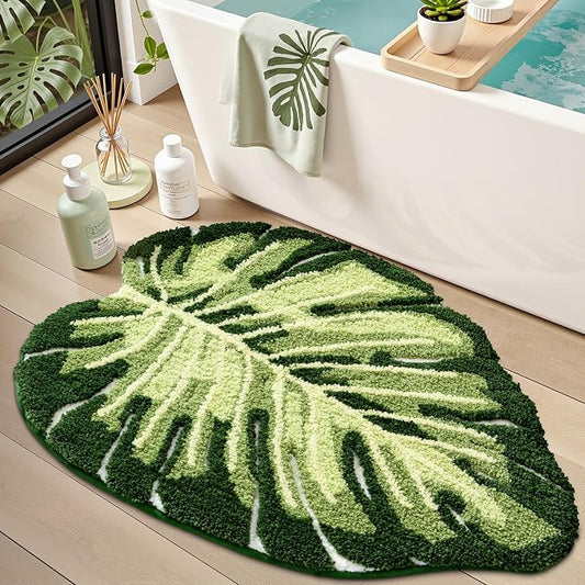 LUMI Bathroom Rug Green Leaf, Absorbent Non Slip Bath Mat, 31.5"x47" | Monstera, Soft Plush Microfiber, Quick Dry, Washable Cute Plant for Shower Floor, Bathroom, Sink Bathtub, Bedroom, Kids Room