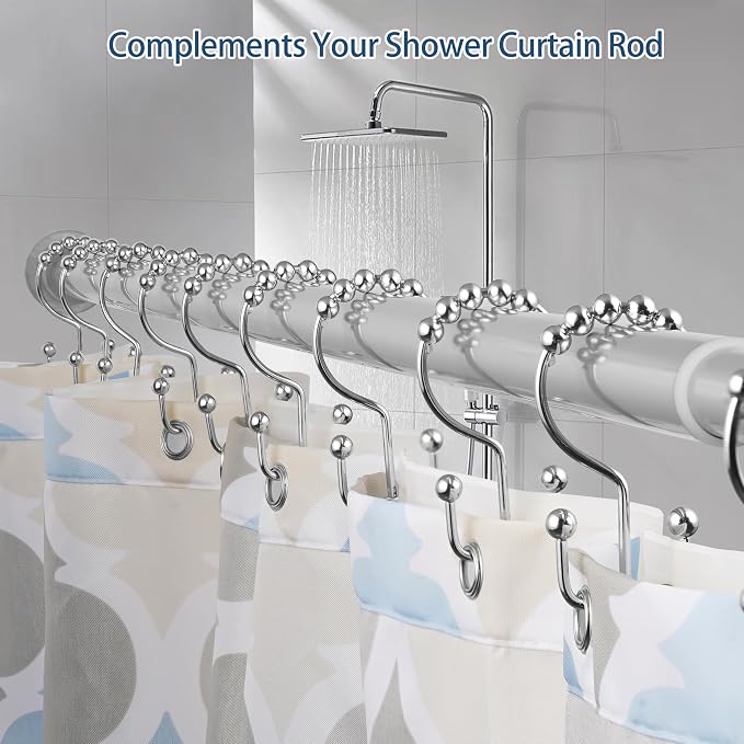 DAWNER Shower Curtain Hooks, Rust Proof Metal Easy Glide Double Rings, Stainless Steel Hangers for Bathroom Curtains, Set of 12, Polished Chrome