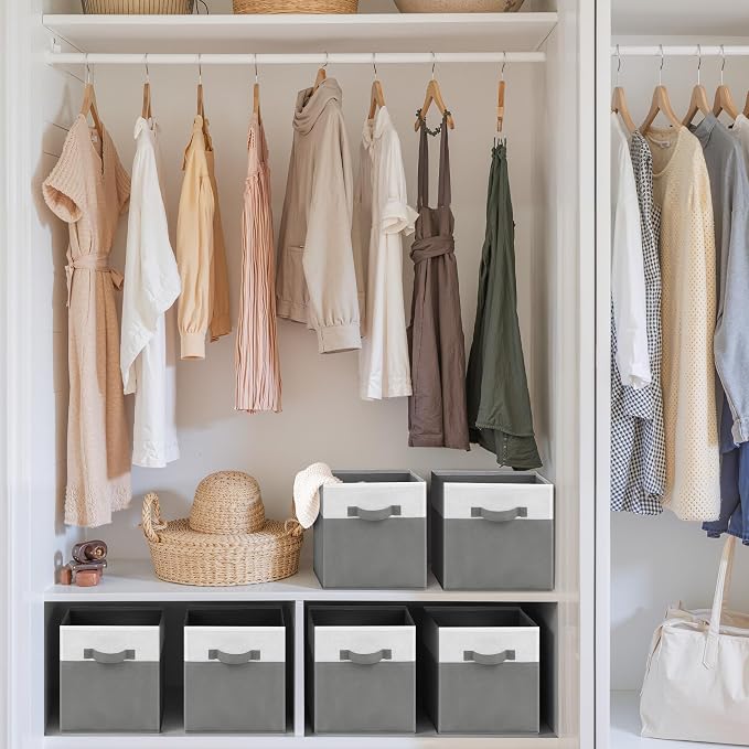 Cupic Cupid 6-Pack 11x11 Storage Cube, Fabric Storage Cubes, Gray and White | Foldable, Reinforced Front Handle, Holds Blankets, Towels, Linens and More, Fits Shelves, Closet, Bedroom, Dorm