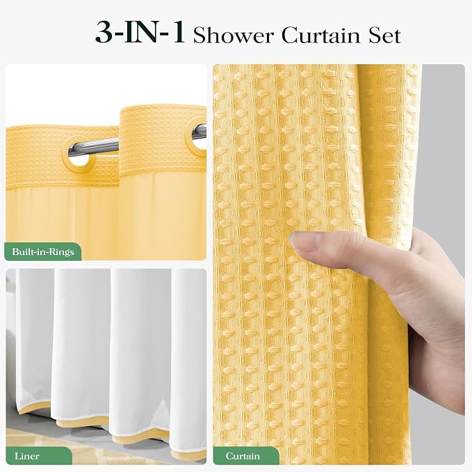 Gold Hook Free Waffle Shower Curtain & Snap-in Fabric Liner,72x75 | Less Time to install, 3 in 1 Fabric Shower Curtain and Liner Set with Magnets, Mesh Top Window, Shower Curtains for Bathroom