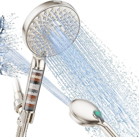 SR SUN RISE Filtered Shower Head with Handheld High Pressure 9 Spray Mode Showerhead Detachable Shower Head Water Softener Filters Beads for Hard Water Remove Chlorine 1 Filter Brushed Nickel