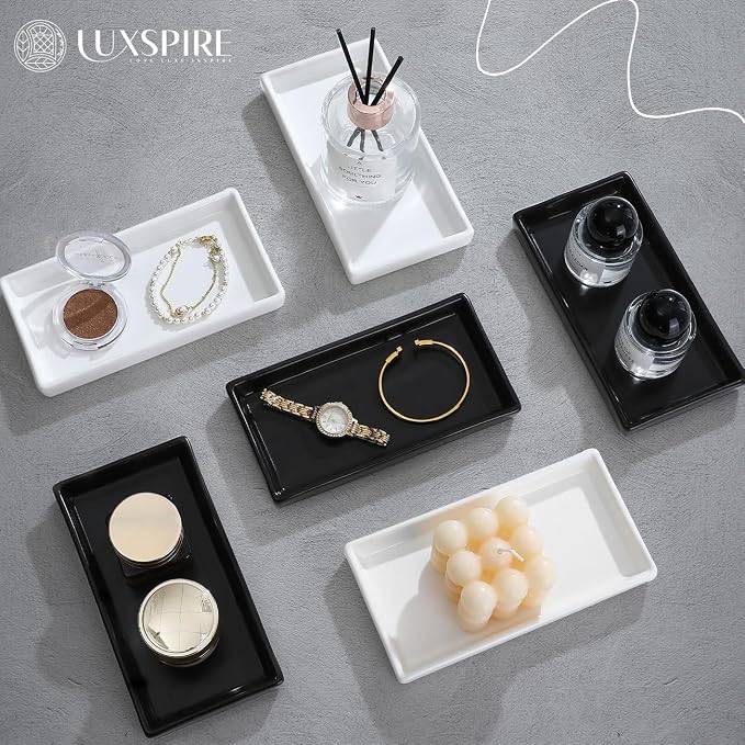 Luxspire Bathroom Vanity Tray Ceramic Perfume and Jewelry Dish, Mini, Black | 6.7 x 3.5 inch Smooth matte ceramic, easy clean, anti-slip bottom, organize soap dispenser jewelry candles