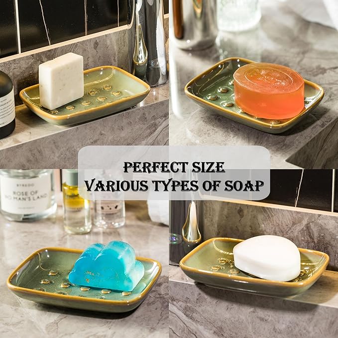Miamolo Soap Dish for Shower & Bathroom, Floating Point Save Soap Loss | Ceramic Soap Holder Saver, Ideal for Kitchen Countertop | Versatile Tray for Sponges, Trinkets, Brushes, Easy Cleaning, Green