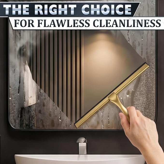 Stainless Steel Shower Squeegee, Glass, Silicone, 14 Inch (Gold) | Shower Door Squeegee with Silicone Blade, Adhesive & Hanging Hooks for Mirror, Tile, Window, Car, Multi-Surface Everyday Use