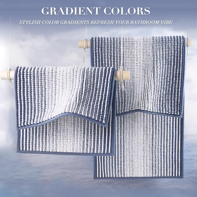 Bathroom Rugs and Mats Sets, 2 Piece Thick Absorbent Chenille Bath Mat Rug Set Non Slip, Soft Shaggy Bath Room Floor Mats for Bathroom, Machine Washable (20" x 60" Plus 20" x 32",Denim Blue)