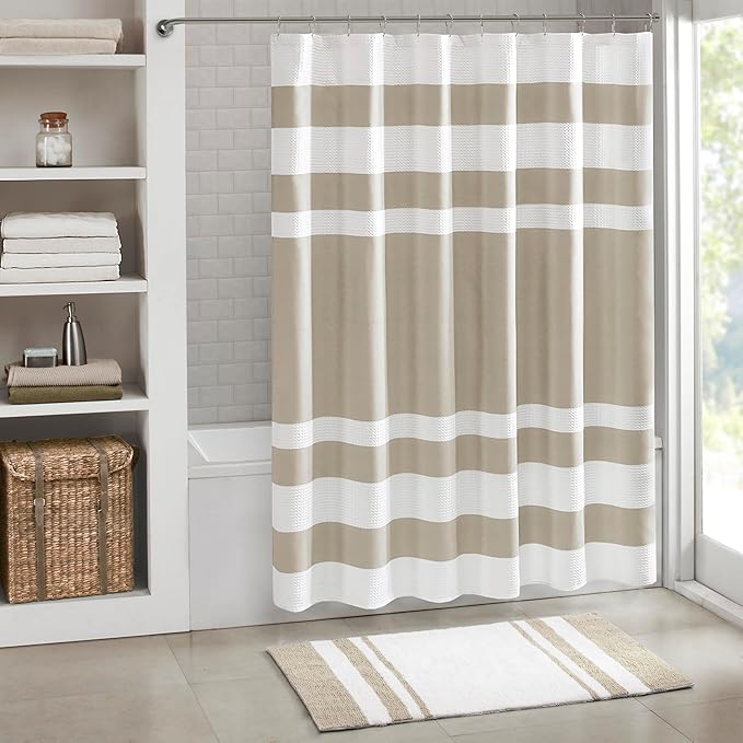 Madison Park Spa Waffle Shower Curtain for Bathroom, 72 x 72, Taupe | Striped, Pieced Fabric Design, 3M Scotchgard Moisture Management, Hotel Quality, Modern, for Bathroom, OEKO-TEX Certified