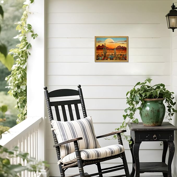 Framed Western Desert Sunset Cactus Wall Art, Vintage Southwest Nature Landscape Canvas Print, Rustic Wall Decor Picture, Boho Mexican Oil Painting for Living Room Bedroom Office bathroom 8x10 Inch