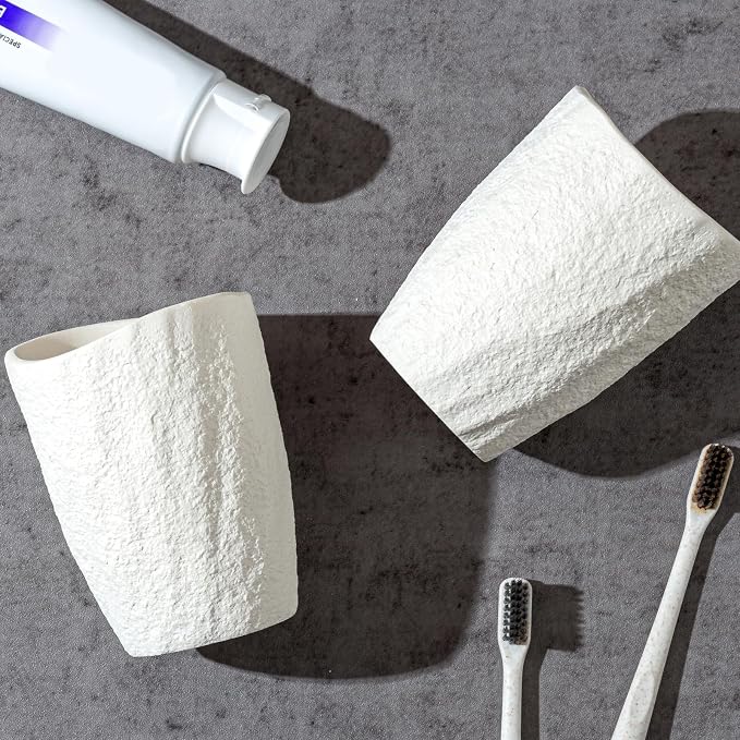 Bathroom Accessories Set, 4 PCS Modern Stone Texture, White | Minimalist, Resin, with Liquid Soap Dispenser 11.5 OZ, Tumblers, Toothbrush Holder, Bar Soap Tray, For Countertop Sink
