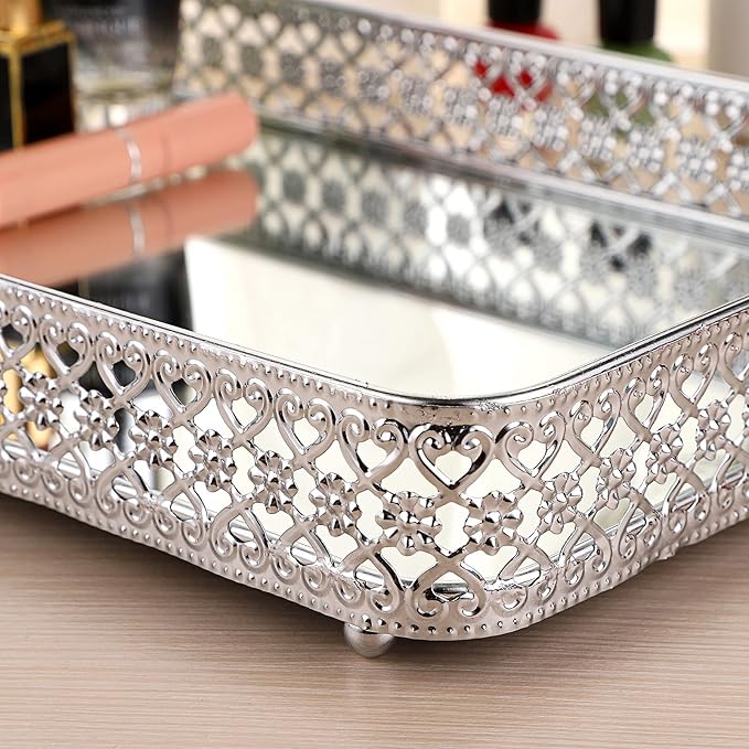 ELLDOO Silver Mirror Glass Perfume & Makeup Vanity Tray, Large Size | Hollow-Carved Jewelry Storage, Metal Trinket Organizer for Dresser Bathroom Countertop Home Decor