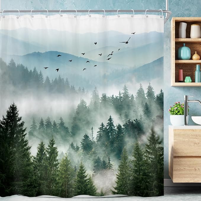 Green Mountain Shower Curtain Rustic Nature Rainforest Mens Shower curtain | Woodland Tree Waterproof Fabric Shower Curtain Bathroom Decor 12 Pack Hooks 60Wx72H Inch