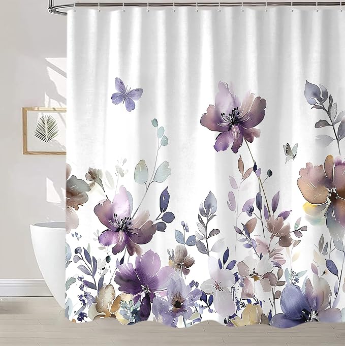 Sanzugh Purple Floral Shower Curtain, Cute Boho Watercolor Flower Wildflower Leaves Butterfly White Fabric Shower Curtains Set for Bathroom Decorative with Hooks 72 X 72 inch Spring Bath Decor
