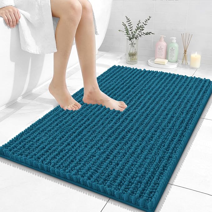 OLANLY Bathroom Rugs 36x24, Thick Soft Absorbent Chenille Bath Rugs | Peacock Blue, Shaggy Bath Mat with Quick-Drying Rubber Backing, Washable for Floor, Tub and Shower, Home Decor Accessories